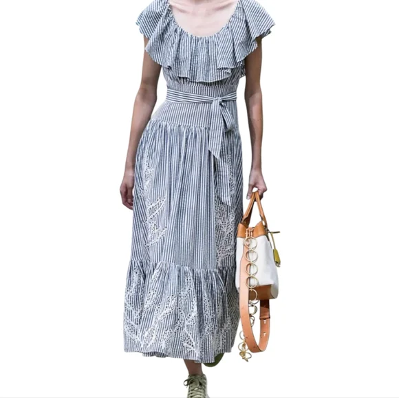 Tory Burch Eyelet Embroidered Stripe Flounce Ruffle Hem Midi Dress Gray Blue 8 - Picture 5 of 13